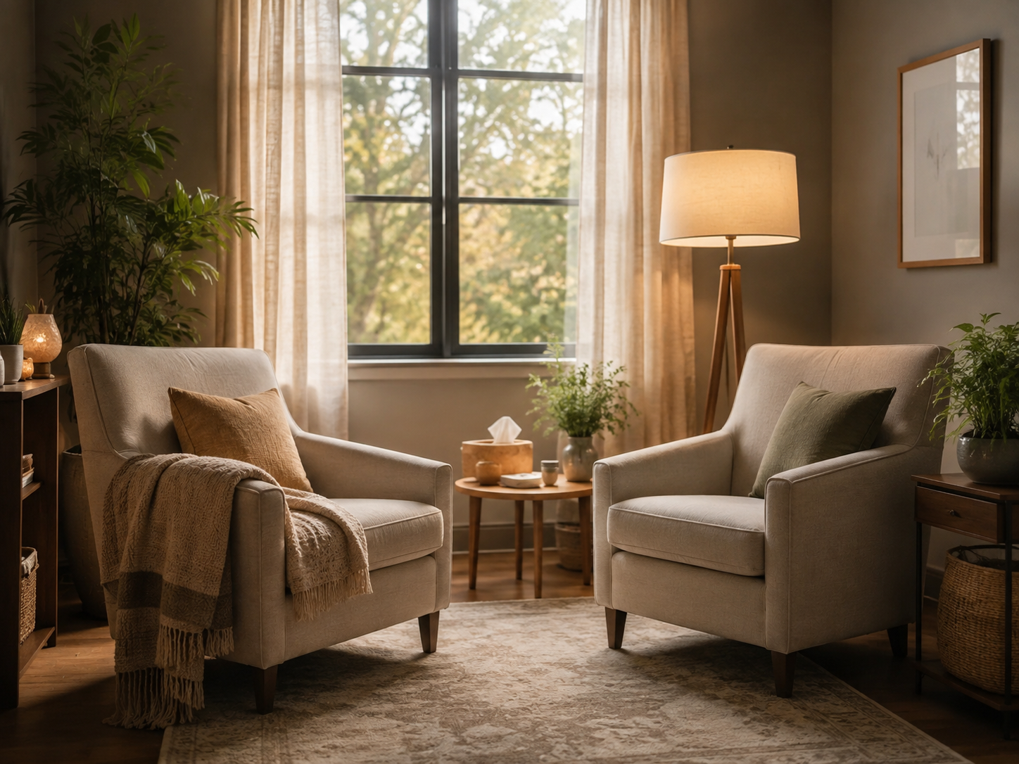 Calm, light-filled therapy room with two armchairs set up for an intensive trauma session at The Therapy Haus in New Braunfels