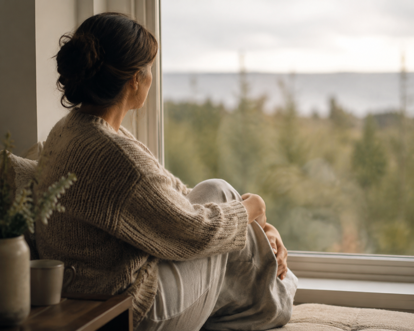 Woman by a window who has been feeling anxious all the time
