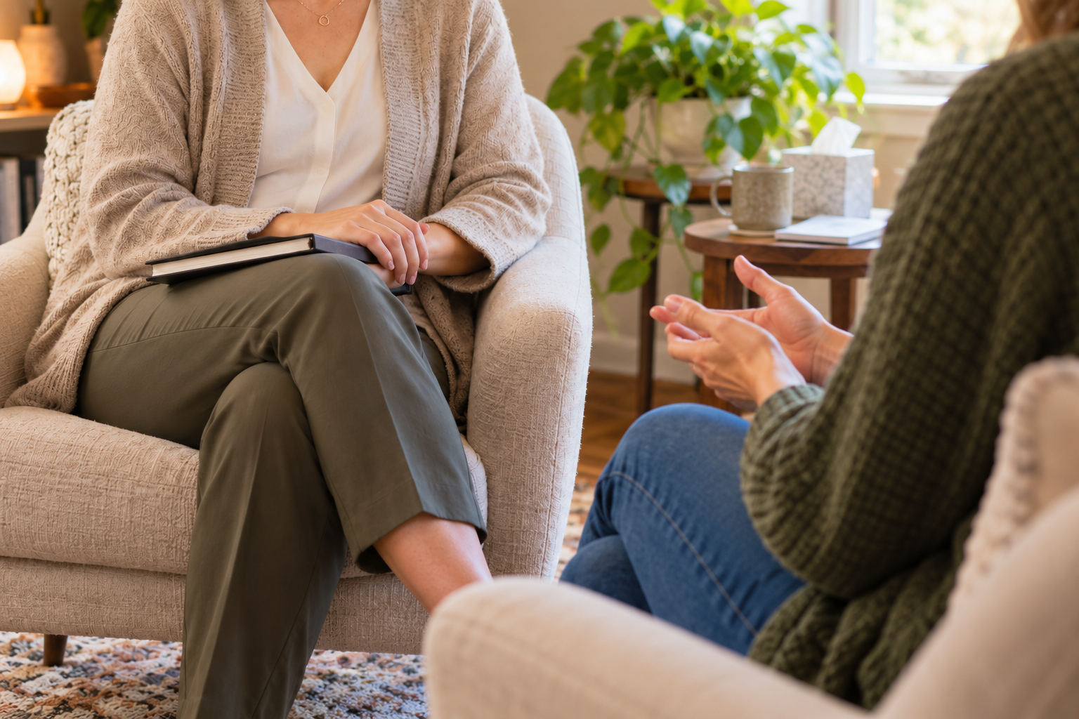 Two people seated in a counseling room, with a notebook on one person’s lap and the other gesturing during conversation.