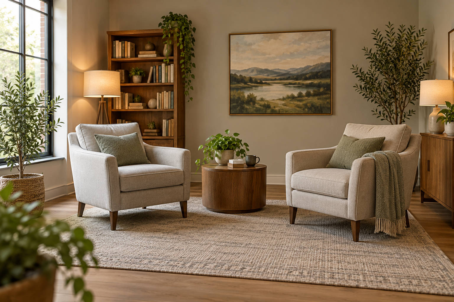 Two comfortable chairs in a counseling room with soft natural light.